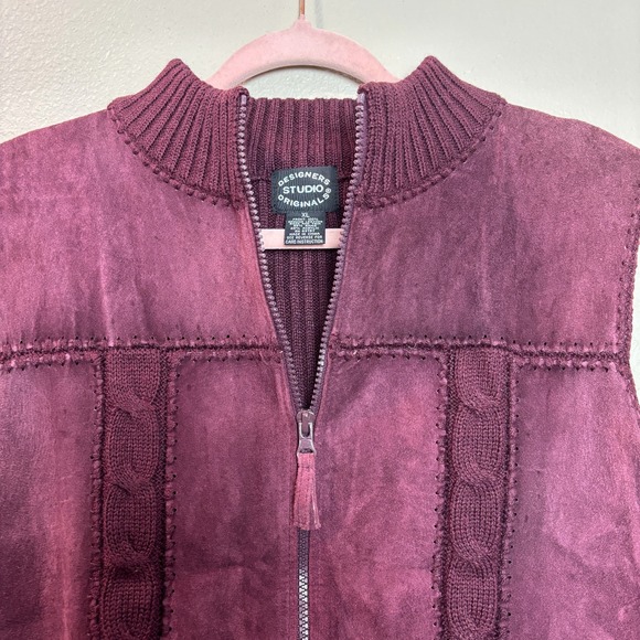 Designers Studio Originals Leather Knit Vest Burgundy Full Zip Size XL Cabin - Picture 2 of 9